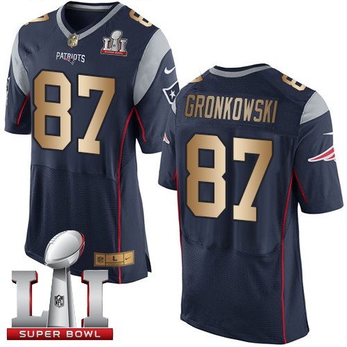 Men's Nike New England Patriots #87 Rob Gronkowski Elite Navy/Gold Team Color Super Bowl LI 51 NFL Jersey