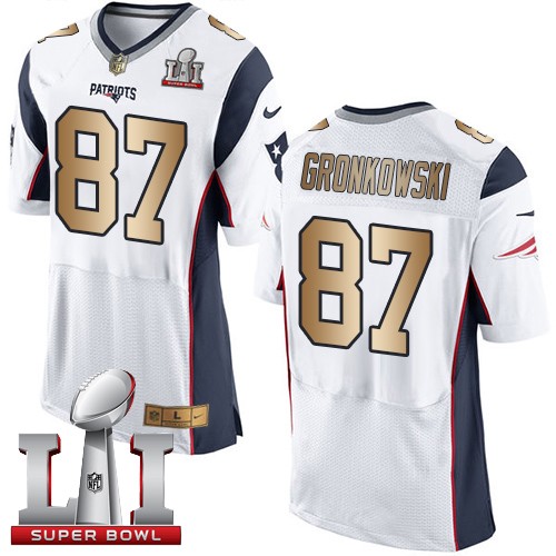 Men's Nike New England Patriots #87 Rob Gronkowski Elite White/Gold Super Bowl LI 51 NFL Jersey
