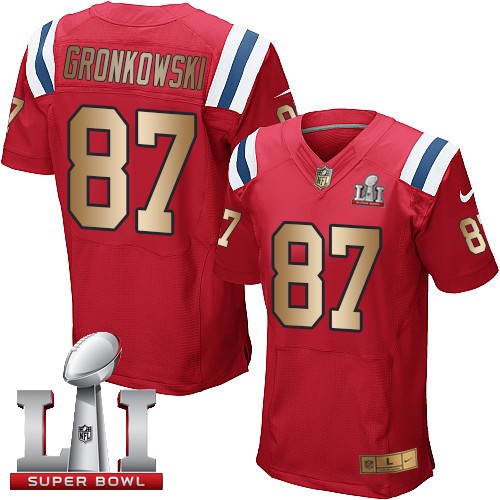 Men's Nike New England Patriots #87 Rob Gronkowski Elite Red/Gold Alternate Super Bowl LI 51 NFL Jersey