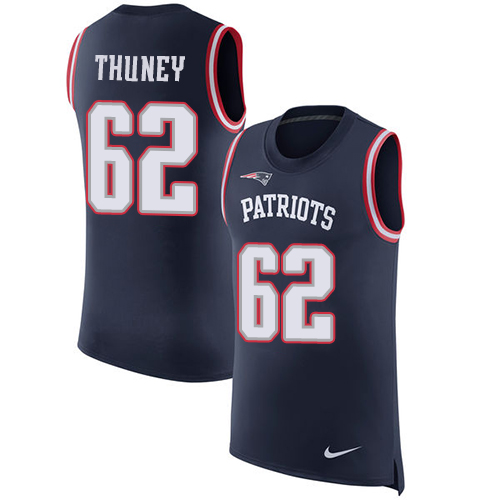 Men's Nike New England Patriots #62 Joe Thuney Navy Blue Rush Player Name & Number Tank Top NFL Jersey