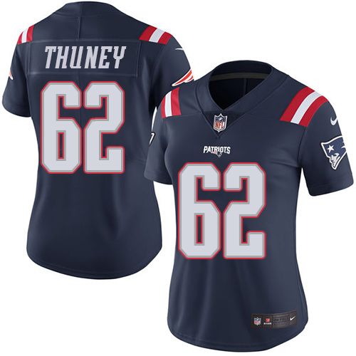 Women's Nike New England Patriots #62 Joe Thuney Limited Navy Blue Rush Vapor Untouchable NFL Jersey