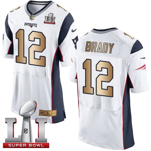 Men's Nike New England Patriots #12 Tom Brady Elite White/Gold Super Bowl LI 51 NFL Jersey