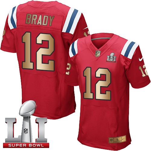 Men's Nike New England Patriots #12 Tom Brady Elite Red/Gold Alternate Super Bowl LI 51 NFL Jersey