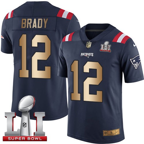 Men's Nike New England Patriots #12 Tom Brady Limited Navy/Gold Rush Super Bowl LI 51 NFL Jersey