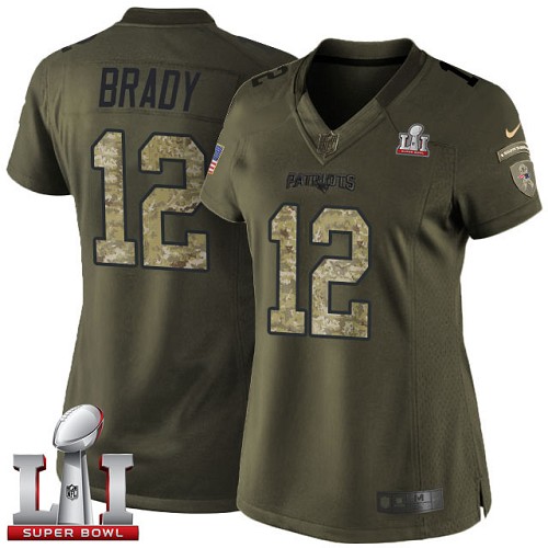 Women's Nike New England Patriots #12 Tom Brady Limited Green Salute to Service Super Bowl LI 51 NFL Jersey