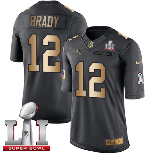 Youth Nike New England Patriots #12 Tom Brady Limited Black/Gold Salute to Service Super Bowl LI 51 NFL Jersey