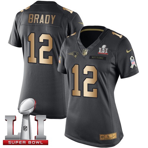 Women's Nike New England Patriots #12 Tom Brady Limited Black/Gold Salute to Service Super Bowl LI 51 NFL Jersey
