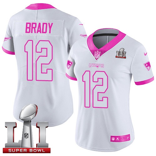Women's Nike New England Patriots #12 Tom Brady Limited White/Pink Rush Fashion Super Bowl LI 51 NFL Jersey