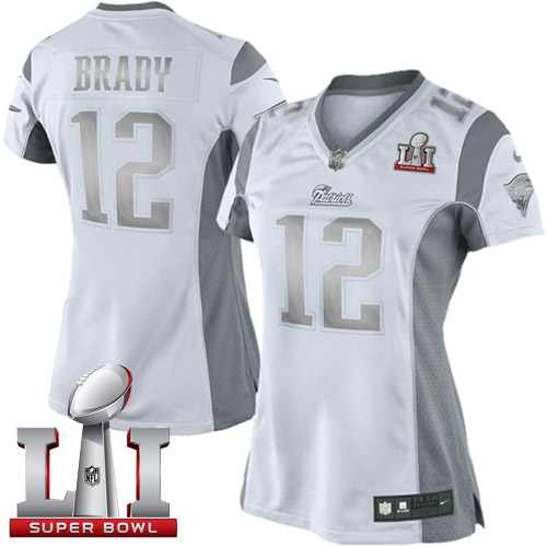 Women's Nike New England Patriots #12 Tom Brady Limited White Platinum Super Bowl LI 51 NFL Jersey