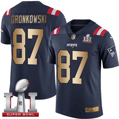 Men's Nike New England Patriots #87 Rob Gronkowski Limited Navy/Gold Rush Super Bowl LI 51 NFL Jersey