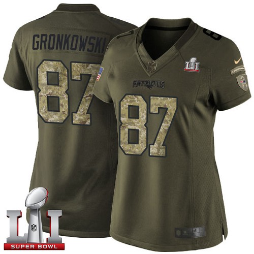 Women's Nike New England Patriots #87 Rob Gronkowski Limited Green Salute to Service Super Bowl LI 51 NFL Jersey