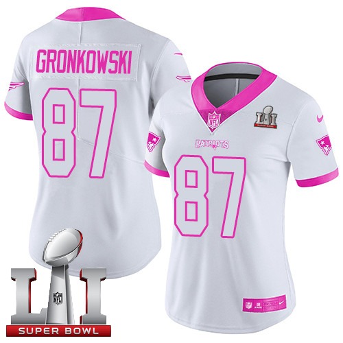 Women's Nike New England Patriots #87 Rob Gronkowski Limited White/Pink Rush Fashion Super Bowl LI 51 NFL Jersey