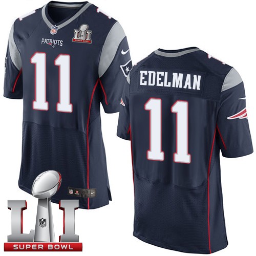 Men's Nike New England Patriots #11 Julian Edelman Elite Navy Blue Team Color Super Bowl LI 51 NFL Jersey