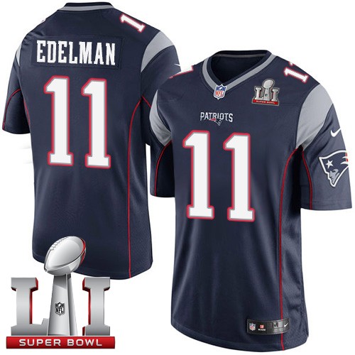 Men's Nike New England Patriots #11 Julian Edelman Navy Blue Team Color Super Bowl LI 51 Vapor Untouchable Limited Player NFL Jersey