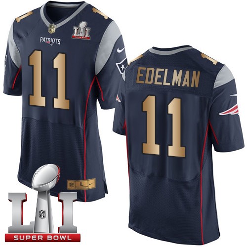 Men's Nike New England Patriots #11 Julian Edelman Elite Navy/Gold Team Color Super Bowl LI 51 NFL Jersey