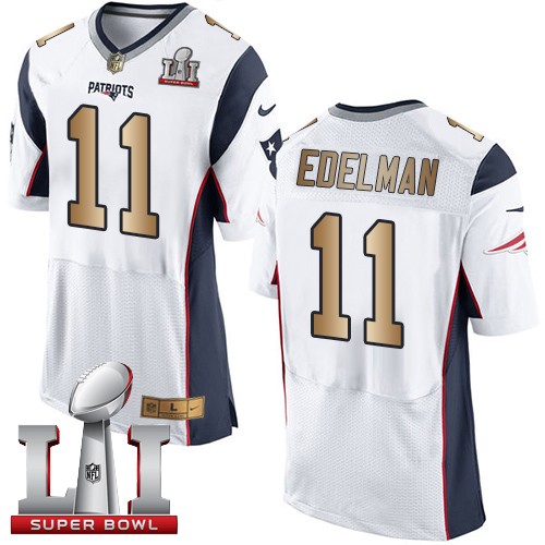 Men's Nike New England Patriots #11 Julian Edelman Elite White/Gold Super Bowl LI 51 NFL Jersey