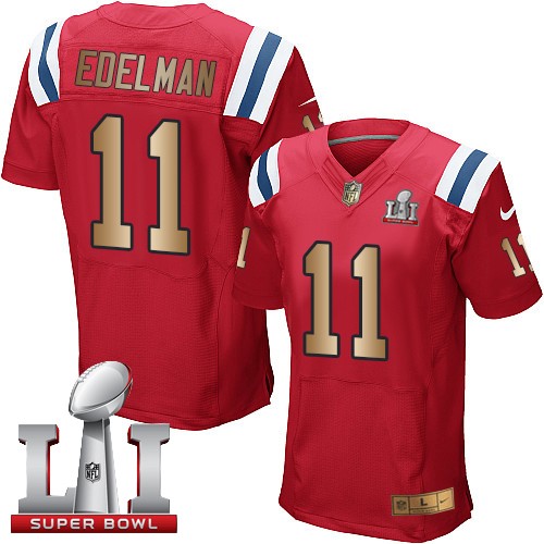 Men's Nike New England Patriots #11 Julian Edelman Elite Red/Gold Alternate Super Bowl LI 51 NFL Jersey