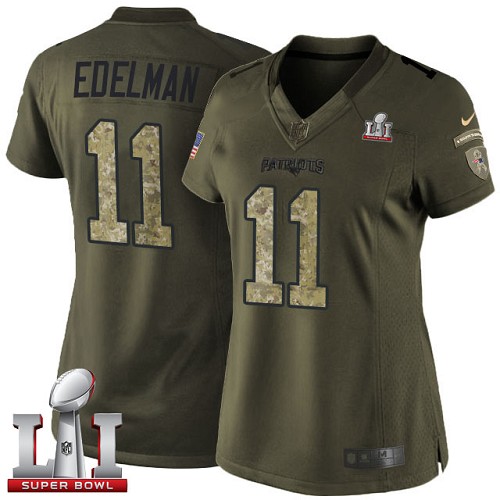 Women's Nike New England Patriots #11 Julian Edelman Limited Green Salute to Service Super Bowl LI 51 NFL Jersey