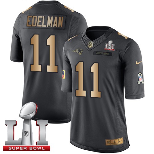 Men's Nike New England Patriots #11 Julian Edelman Limited Black/Gold Salute to Service Super Bowl LI 51 NFL Jersey