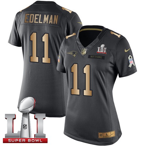 Women's Nike New England Patriots #11 Julian Edelman Limited Black/Gold Salute to Service Super Bowl LI 51 NFL Jersey