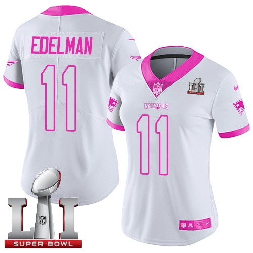 Women's Nike New England Patriots #11 Julian Edelman Limited White/Pink Rush Fashion Super Bowl LI 51 NFL Jersey