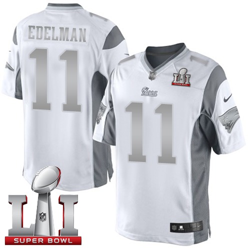 Men's Nike New England Patriots #11 Julian Edelman Limited White Platinum Super Bowl LI 51 NFL Jersey