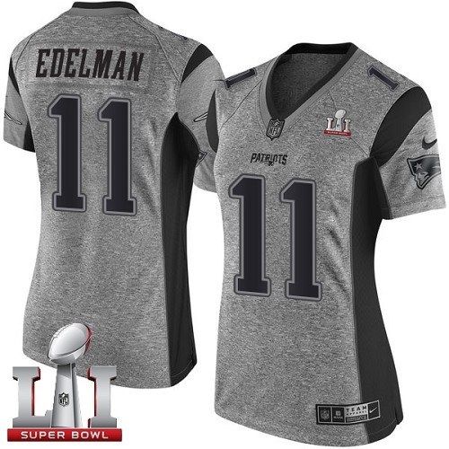 Women's Nike New England Patriots #11 Julian Edelman Limited Gray Gridiron Super Bowl LI 51 NFL Jersey