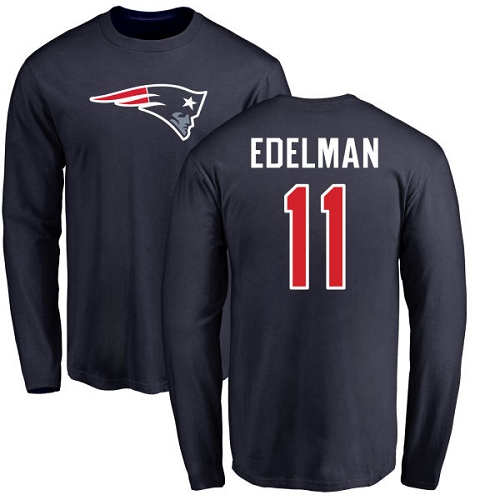 NFL Nike New England Patriots #11 Julian Edelman Navy Blue Name & Number Logo Long Sleeve T-Shirt