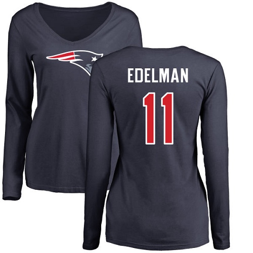 NFL Women's Nike New England Patriots #11 Julian Edelman Navy Blue Name & Number Logo Slim Fit Long Sleeve T-Shirt