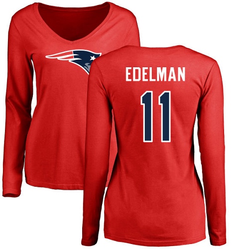 NFL Women's Nike New England Patriots #11 Julian Edelman Red Name & Number Logo Slim Fit Long Sleeve T-Shirt