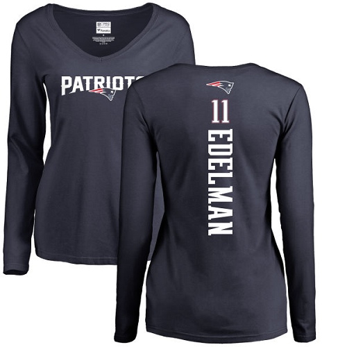NFL Women's Nike New England Patriots #11 Julian Edelman Navy Blue Backer Slim Fit Long Sleeve T-Shirt