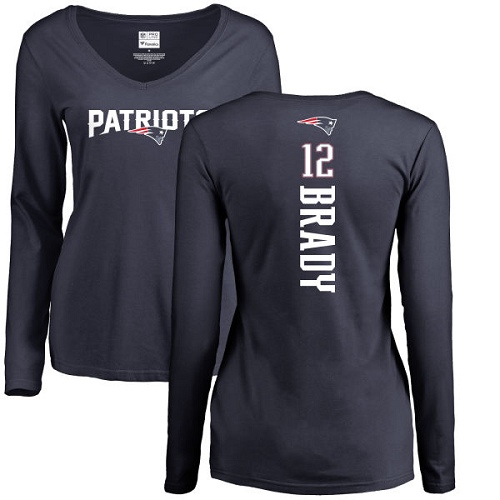 NFL Women's Nike New England Patriots #12 Tom Brady Navy Blue Backer Slim Fit Long Sleeve T-Shirt