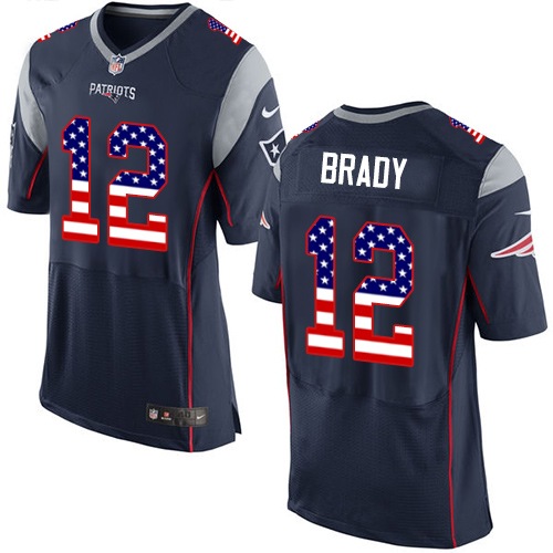 Men's Nike New England Patriots #12 Tom Brady Elite Navy Blue Home USA Flag Fashion NFL Jersey