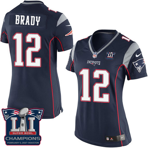 Women's Nike New England Patriots #12 Tom Brady Elite Navy Blue Team Color Super Bowl LI Champions NFL Jersey
