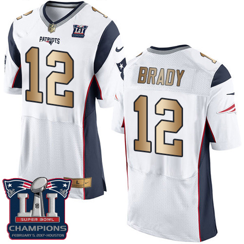Men's Nike New England Patriots #12 Tom Brady Elite White/Gold Super Bowl LI Champions NFL Jersey