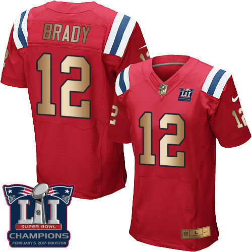 Men's Nike New England Patriots #12 Tom Brady Elite Red/Gold Alternate Super Bowl LI Champions NFL Jersey