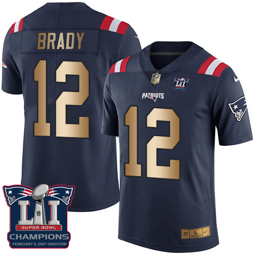 Men's Nike New England Patriots #12 Tom Brady Limited Navy/Gold Rush Super Bowl LI Champions NFL Jersey