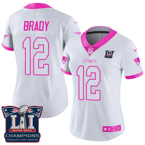 Women's Nike New England Patriots #12 Tom Brady Limited White/Pink Rush Fashion Super Bowl LI Champions NFL Jersey