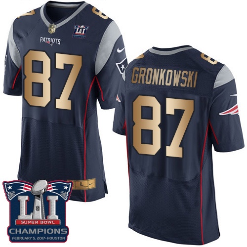 Men's Nike New England Patriots #87 Rob Gronkowski Elite Navy/Gold Team Color Super Bowl LI Champions NFL Jersey