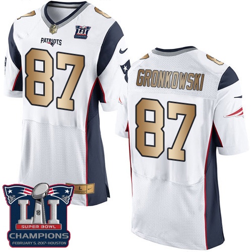 Men's Nike New England Patriots #87 Rob Gronkowski Elite White/Gold Super Bowl LI Champions NFL Jersey