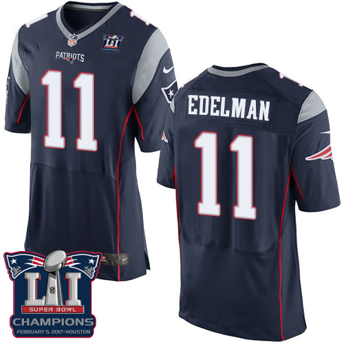 Men's Nike New England Patriots #11 Julian Edelman Elite Navy Blue Team Color Super Bowl LI Champions NFL Jersey