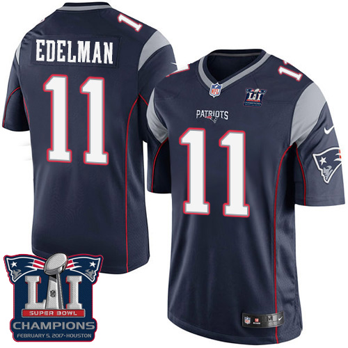 Youth Nike New England Patriots #11 Julian Edelman Elite Navy Blue Team Color Super Bowl LI Champions NFL Jersey