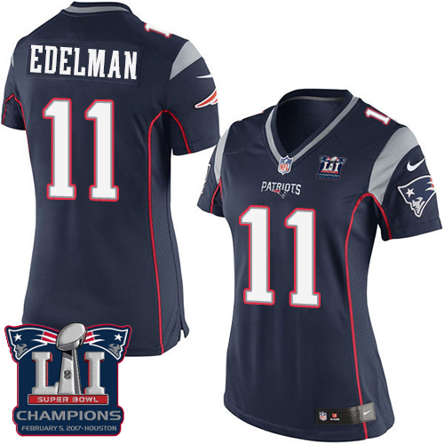 Women's Nike New England Patriots #11 Julian Edelman Elite Navy Blue Team Color Super Bowl LI Champions NFL Jersey