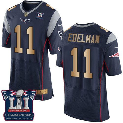 Men's Nike New England Patriots #11 Julian Edelman Elite Navy/Gold Team Color Super Bowl LI Champions NFL Jersey