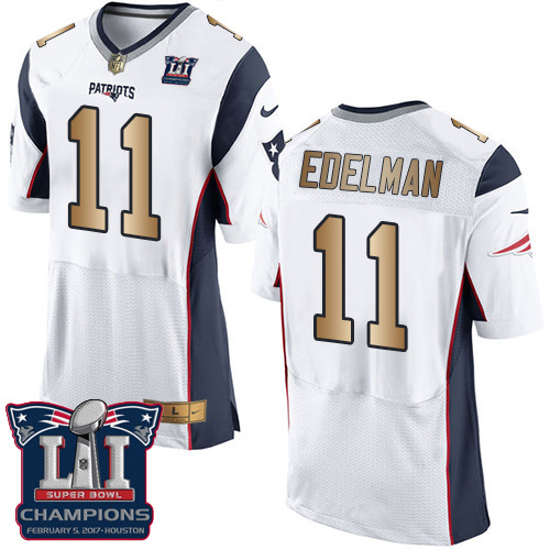Men's Nike New England Patriots #11 Julian Edelman Elite White/Gold Super Bowl LI Champions NFL Jersey