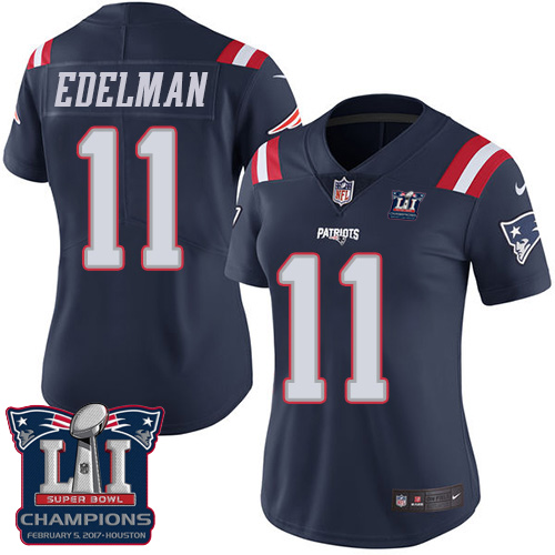 Women's Nike New England Patriots #11 Julian Edelman Limited Navy Blue Rush Super Bowl LI Champions NFL Jersey