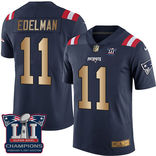 Men's Nike New England Patriots #11 Julian Edelman Limited Navy/Gold Rush Super Bowl LI Champions NFL Jersey