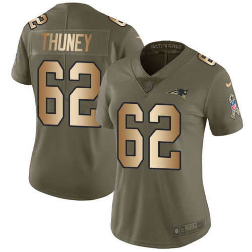 Women's Nike New England Patriots #62 Joe Thuney Limited Olive/Gold 2017 Salute to Service NFL Jersey