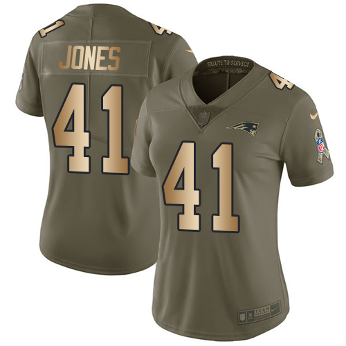 Women's Nike New England Patriots #41 Cyrus Jones Limited Olive/Gold 2017 Salute to Service NFL Jersey