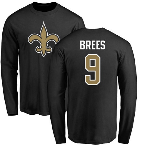 NFL Nike New Orleans Saints #9 Drew Brees Black Name & Number Logo Long Sleeve T-Shirt